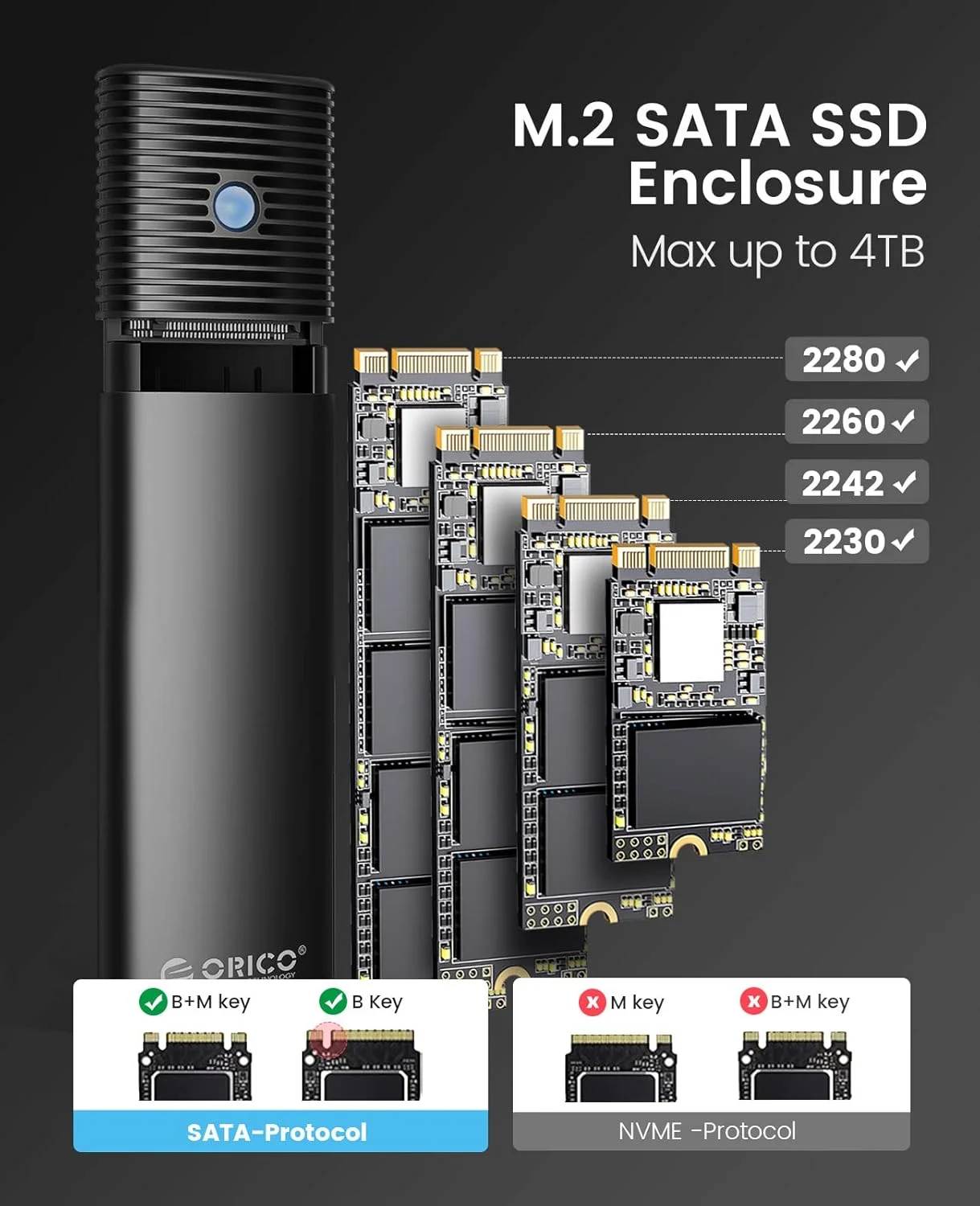 ORICO SATA SSD 인클로저 B+M/B 키 SSD 인클로저 USB 3.1 Type C 5Gbps 외부 솔리드 스테이트 인클로저 어댑터 (NGFF SSD용)