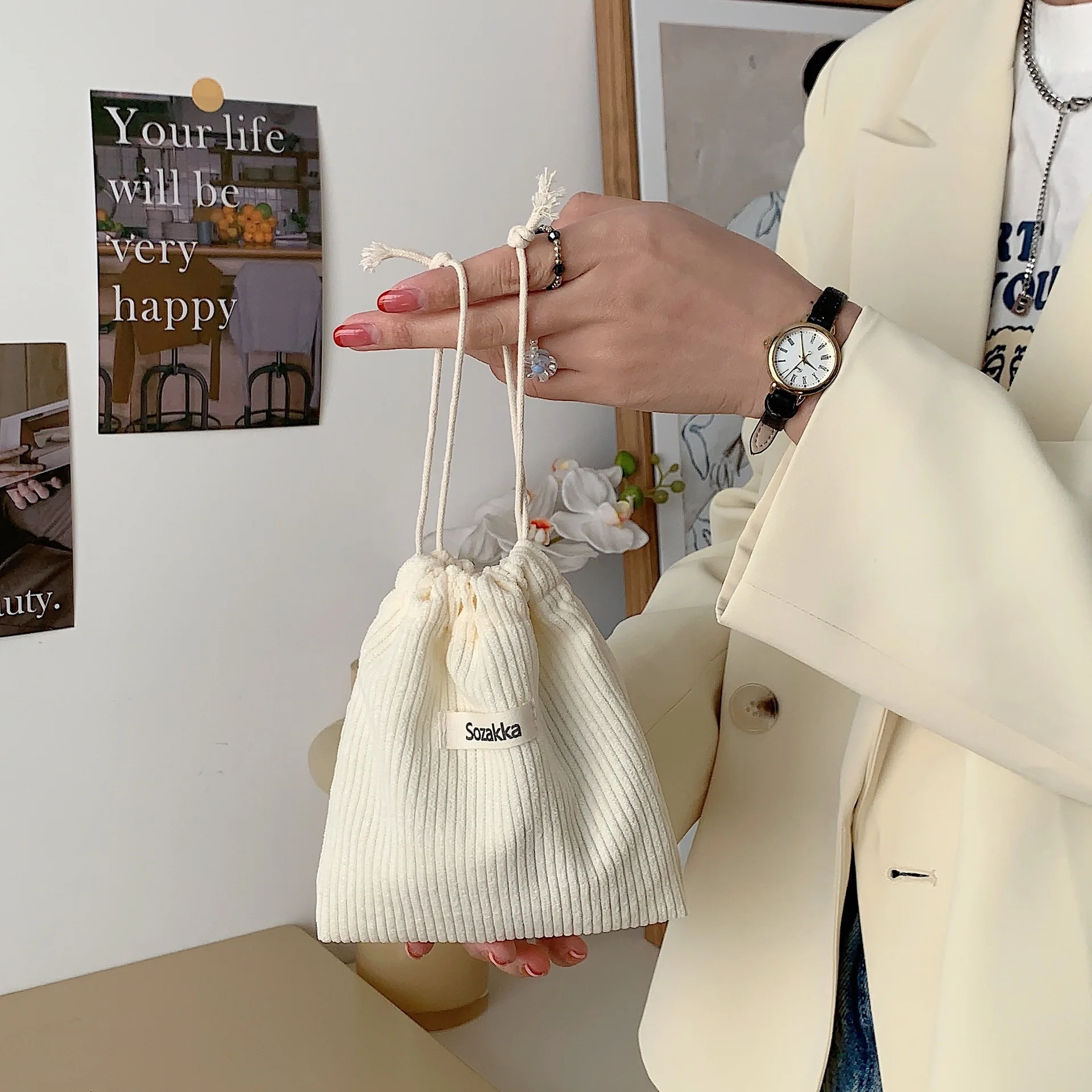 Cute Corduroy Small Coin Purse Drawstring Bag Handbags Woman