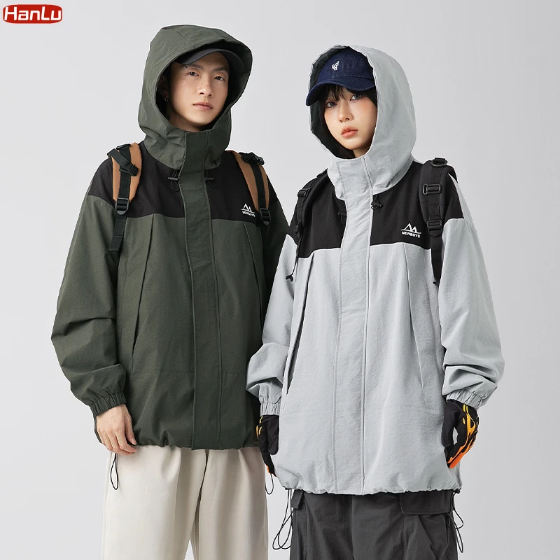 

Spring New Hiking Climbing Outerwear Windproof Hooded Cargo Jackets Men Women Retro Patchwork Oversized Jacket Trend Coats
