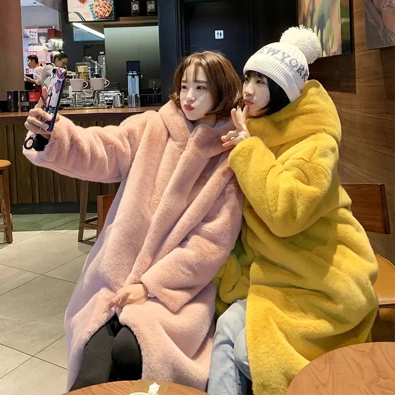 Fur Coat 2023 Autumn/Winter Women's Thickened Imitation Mink Long Hooded Loose Artificial Fur Imitation Fur Coat Solid Commuter