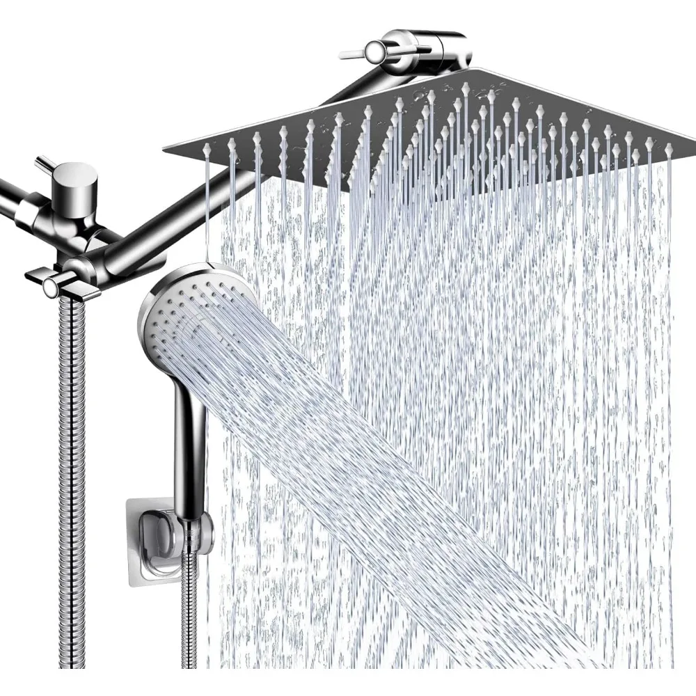10'' High Pressure Rain Shower Combo: 11'' Adjustable Arm, 5-Setting Handheld, Powerful Spray, Long Hose