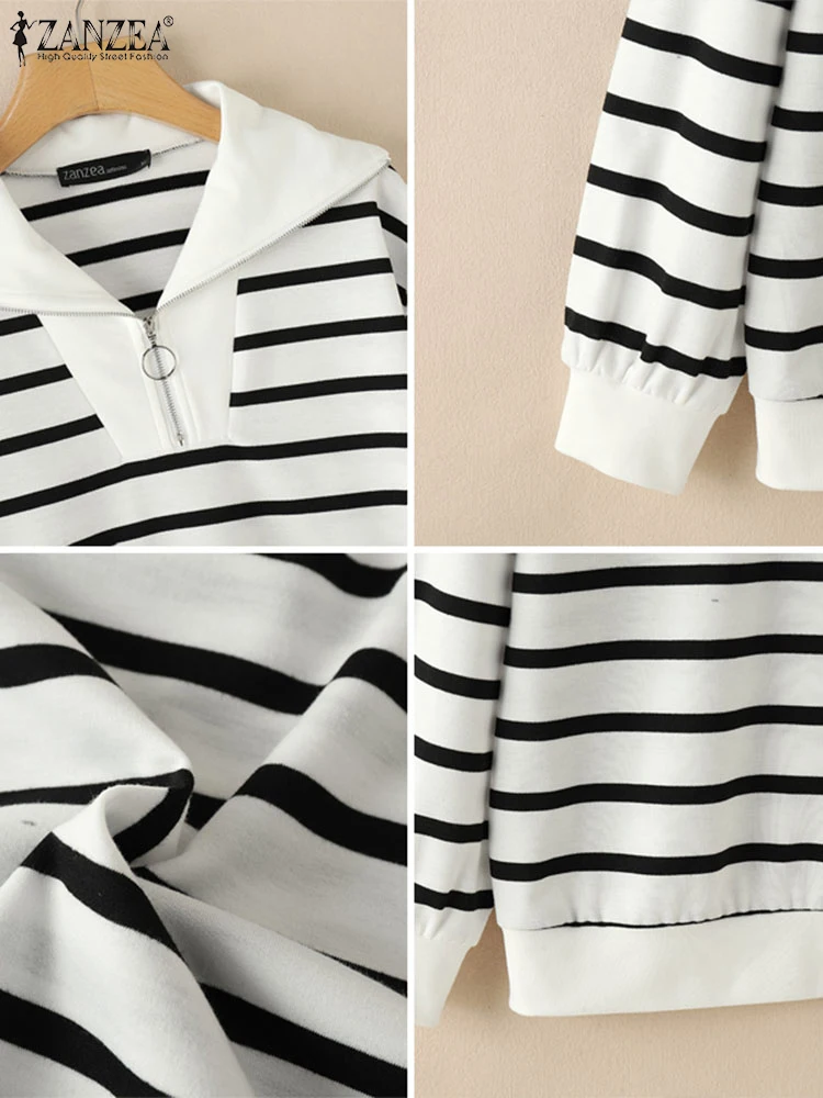 ZANZEA Women Stripes Printed Sweatshirts 2025 Casual Drop Shoulder Tops Fashion Zipper Colorblock Long Sleeve Commuting Pullover 5