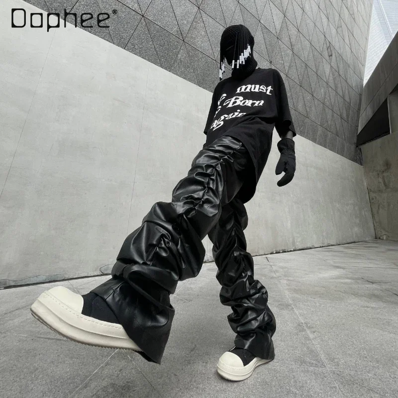 Men's and Women's Hip Hop Pants 2024 Fall New Loose Slimming Stacked Glossy Pu Leather Trendy Dark Punk Pleated Trousers Female