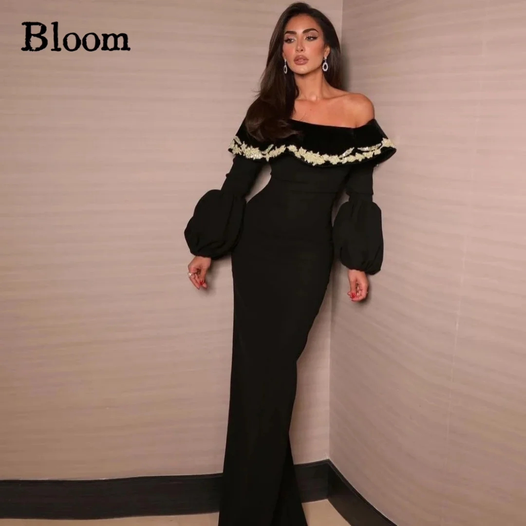 

Bloom Off Shoulder Black Prom Dresses Long Sleeve Appliques Sheath Elegant Women Evening Dresses 2024 Formal Party Gown