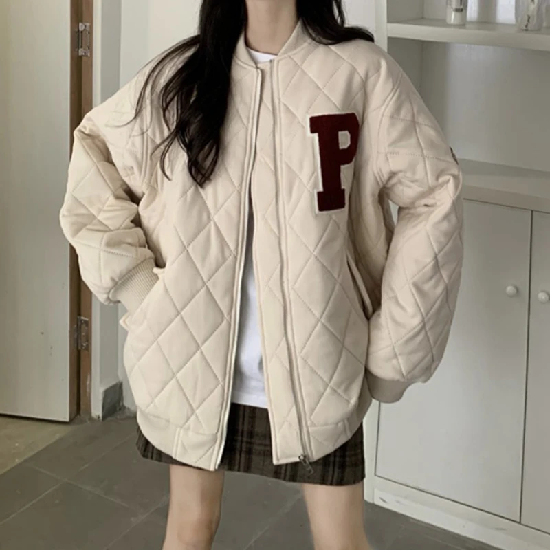 Autumn Winter Thicken Diamond Baseball Uniform Jacket Women 2021 New Korean Style Loose Fashion Letter Print Cotton Coat Women's white bubble coat