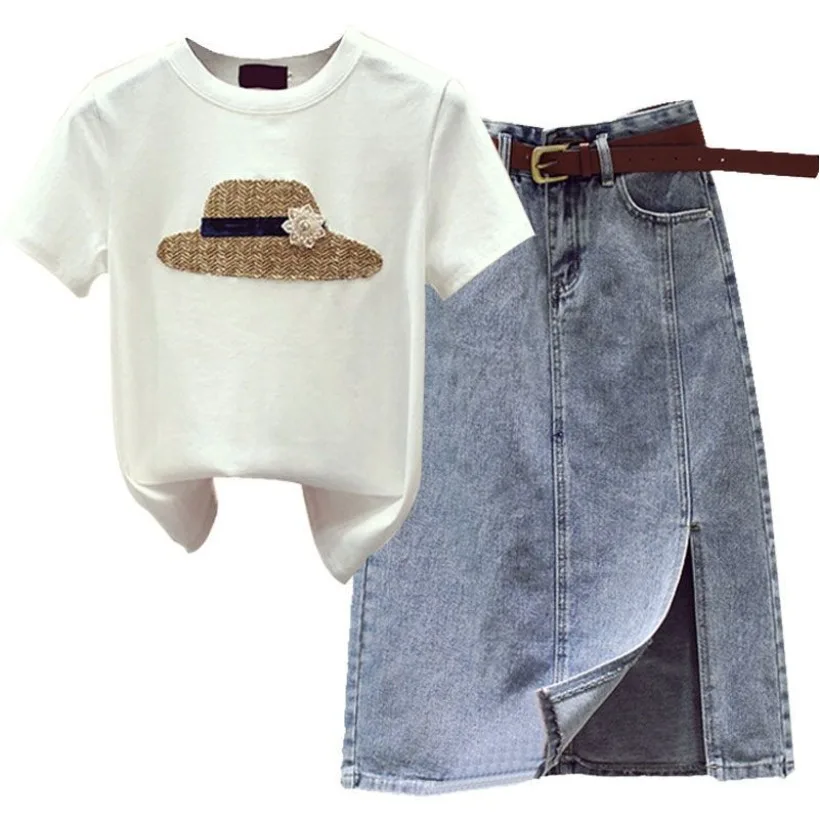 2023 Spring/Summer New Set Fashion Age Reducing Short Sleeve T-shirt+High Waist Split Denim Skirt Two Piece Set for Women