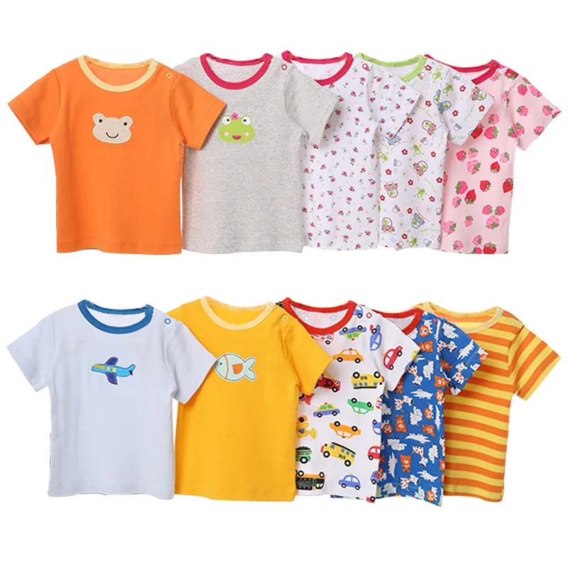 [5 Pcs/Lot Random Color] Baby T-Shirt 100%Cotton Cartoon Print Baby Girl Tops Summer Short Sleeve Toddler Boys Tshirt Clothes