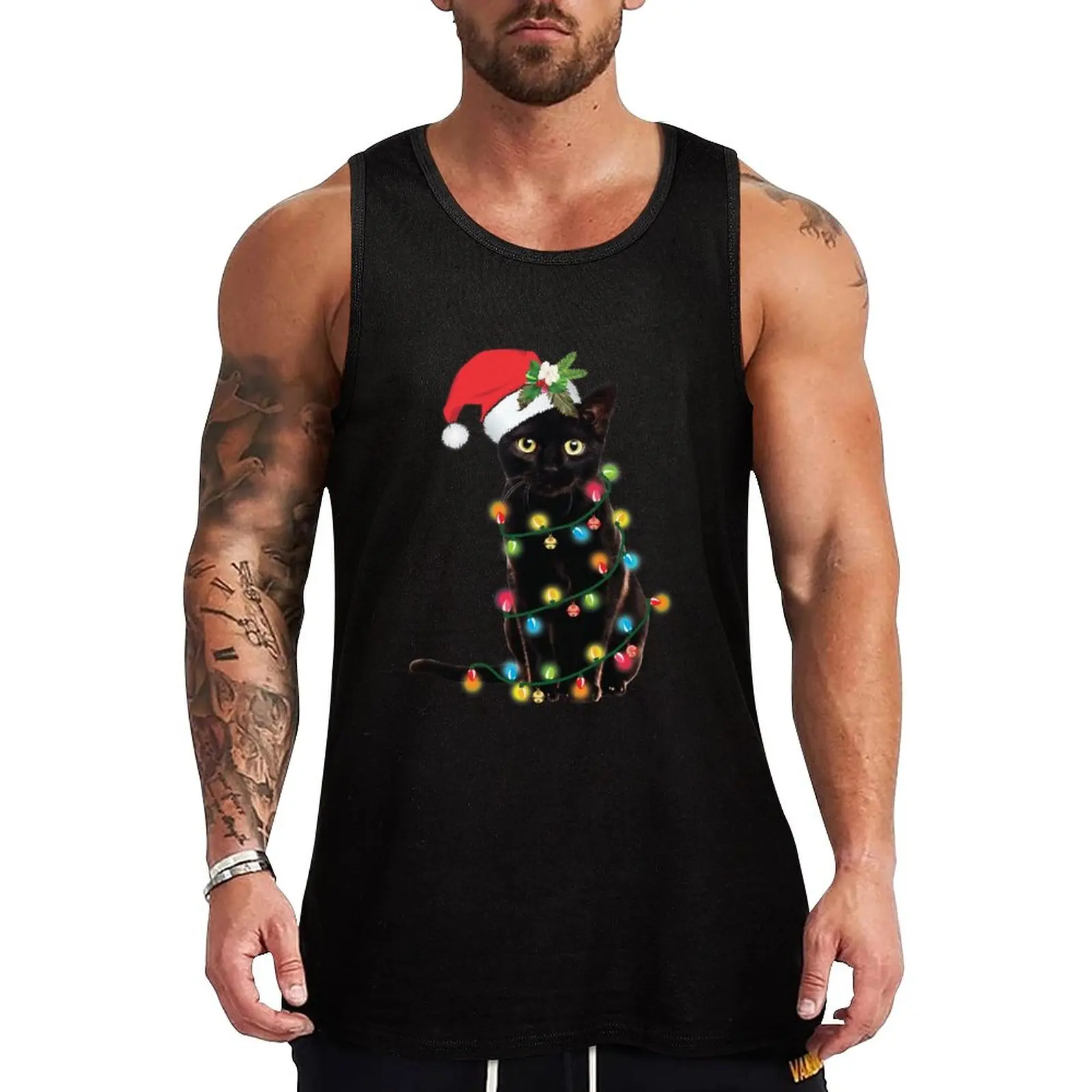 

New Black Santa Cat Tangled Up In Lights Christmas Santa Tank Top Men's t-shirts t-shirt for man cotton t-shirts man