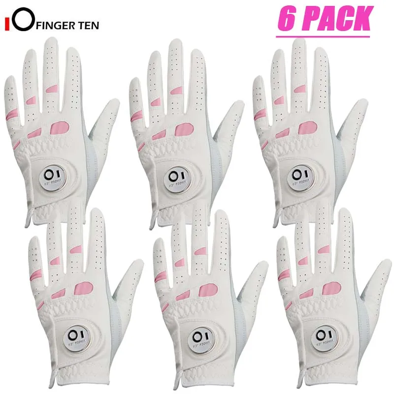 

6 Pcs Rain Grip All Weather Womens Golf Gloves Ladies Left Hand Right Soft Cabretta Leather Glove with Ball Marker for Women