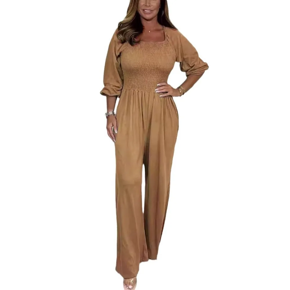 Women 2024 Spring Summer Solid Overalls Elastic Bust High Waist Elegant Jumpsuits Wide Leg Pants Loose Ladies Casual Playsuits