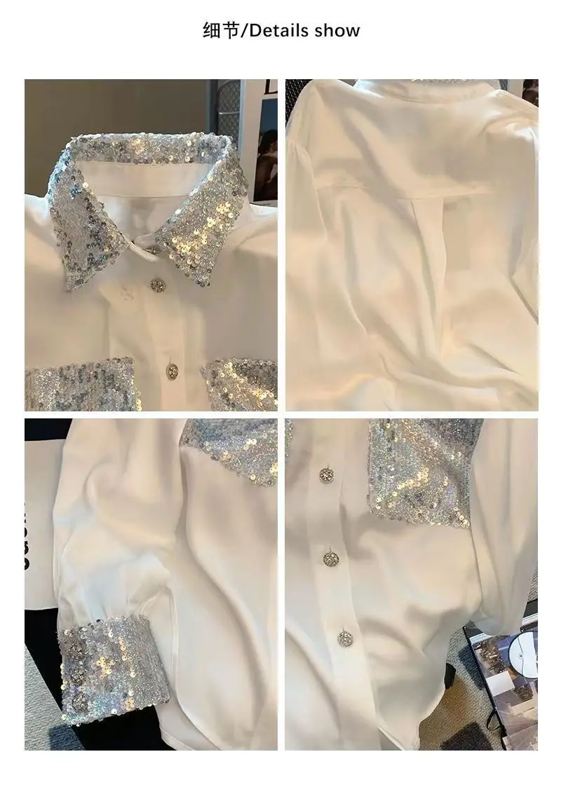 Shirt Sequined French Style Fashion  Blouse Chic Single-Breasted Women'S Clothing Pockets Spliced Spring Autumn Turn-Down Collar