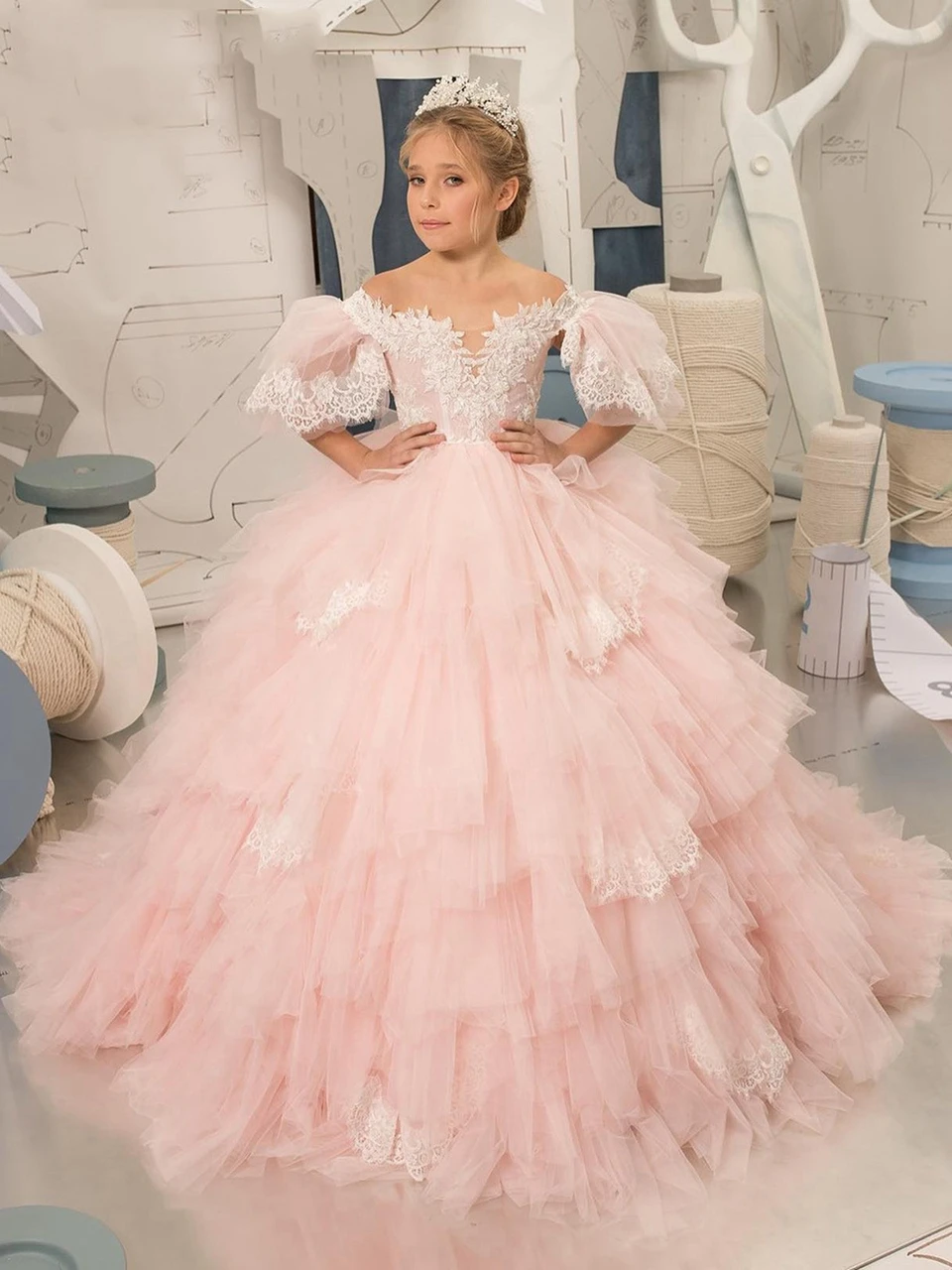 Pink Princess Dress Puffy Flower Girl Abiti A-Line Comunion Abiti Flower Girl Dresses For Wedding Robe Ceremonie Fille