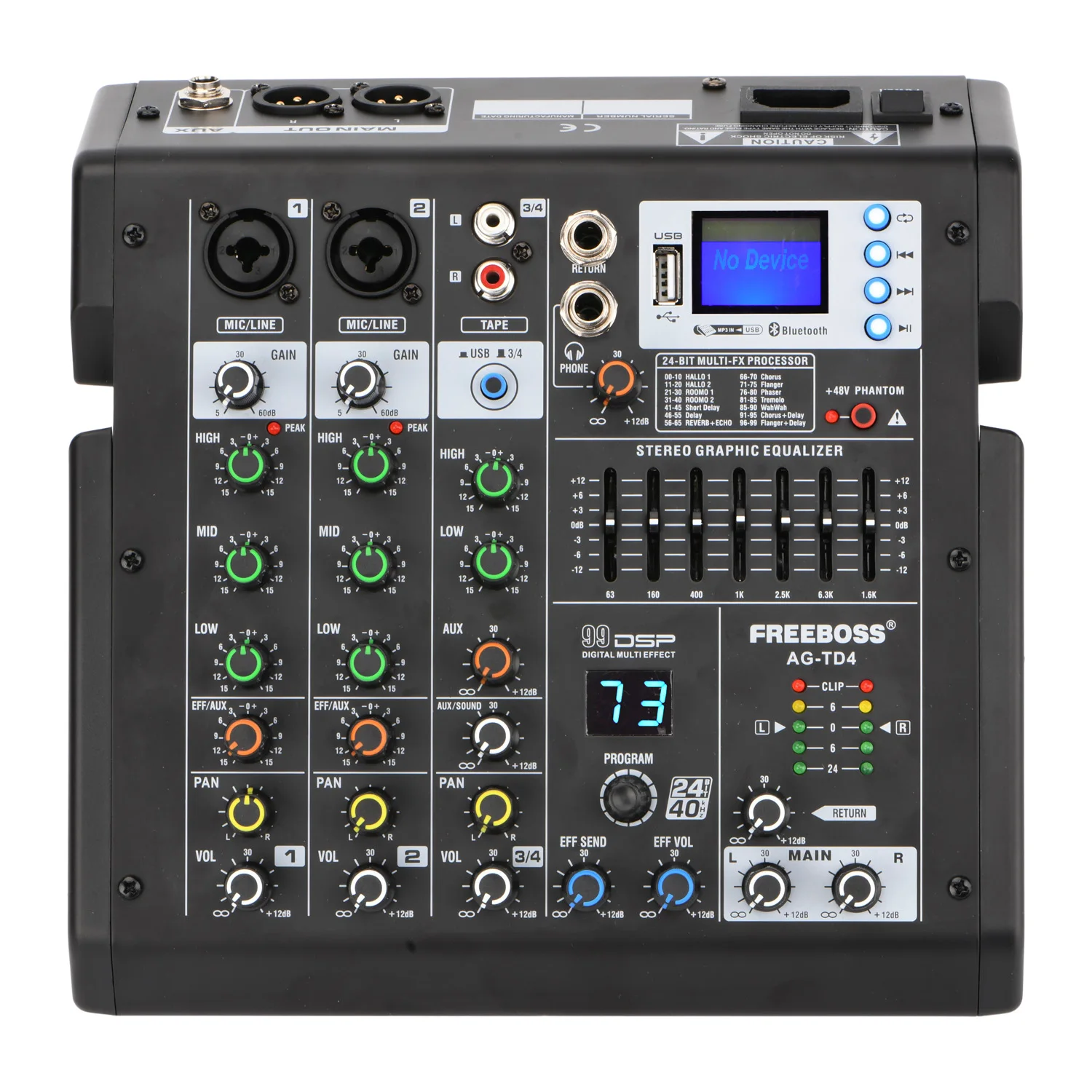 

FREEBOSS 4 Channel Sound Audio Mixer Bluetooth 99 DSP Effects Mixing Console USB Play Record 7-band EQ 48V Phantom Power AG-TD4