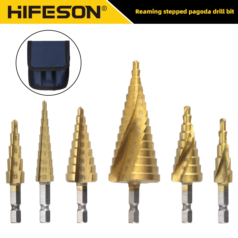 HIFESON 3-12mm 4-12mm 4-20mm HSS Straight Groove Step Drill Bit Set Titanium Coated Wood Metal Hole Cutter Core Drill Bit Set