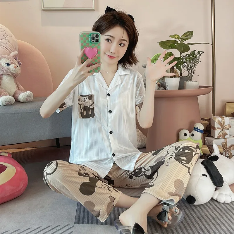 Summer Ins Cotton Pajamas Women's Cartoon Short-Sleeved Trousers Cardigan Sweet Casual Loose Luxury Home Wear Pj Sets for Women