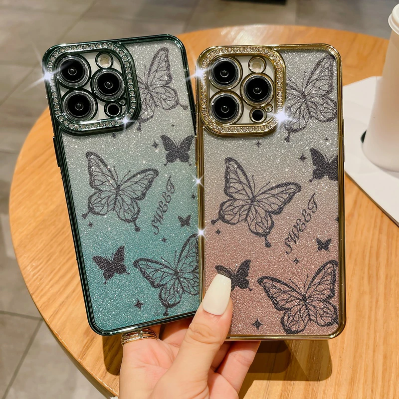Glitter Butterfly Phone Case With Diamond Camera Lens Protector_voghion.com