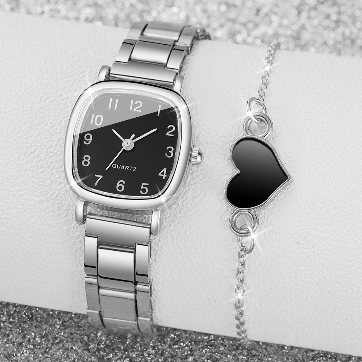 4PCS/Set Fashion Square Women's Quartz Watch Steel Band Watches Heart Bracelets Set（Without Box） 4