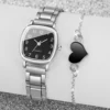 4PCS/Set Fashion Square Women's Quartz Watch Steel Band Watches Heart Bracelets Set（Without Box） 4