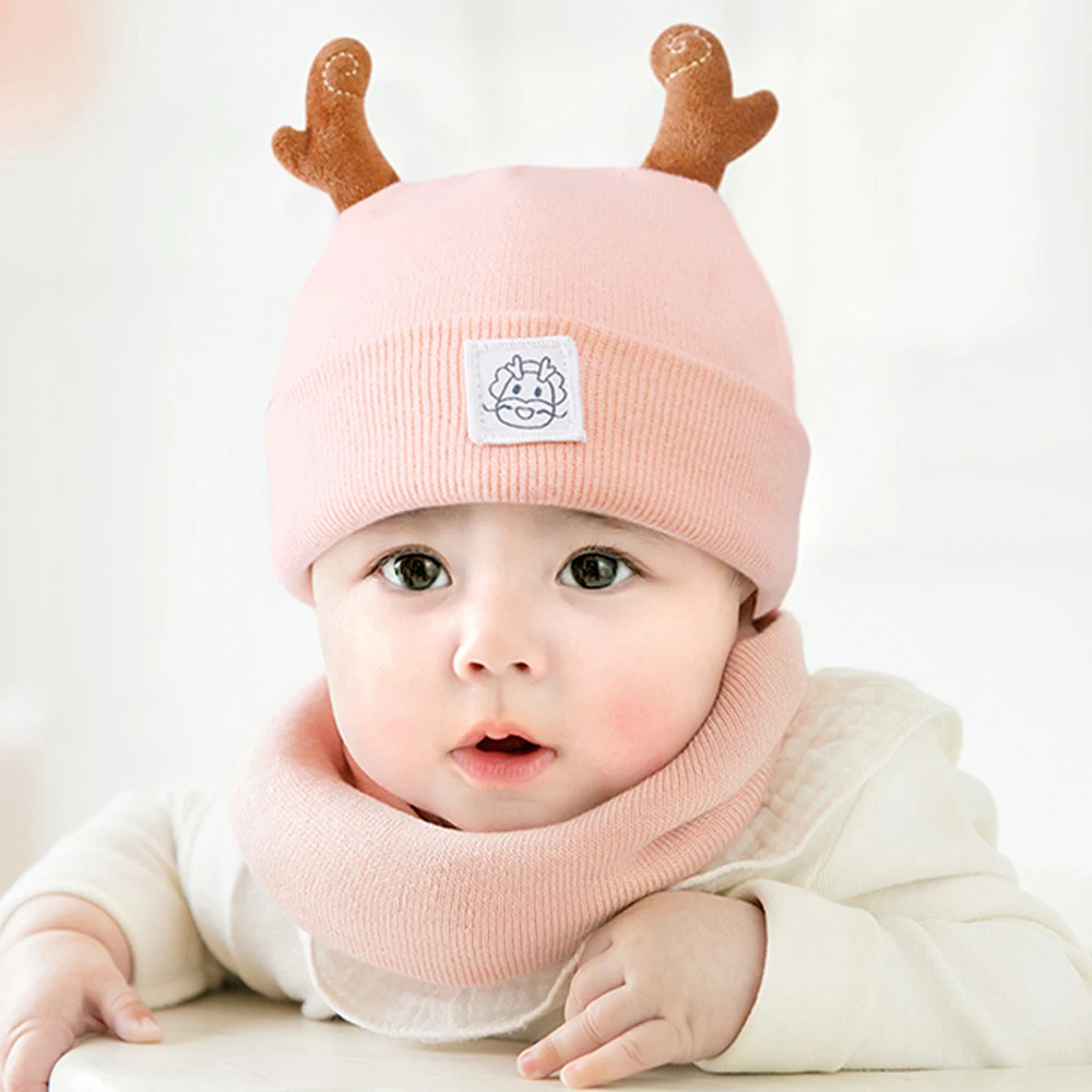 Baby Hat Scarf Set Children's Neck Scarf Knitted Woolen Hats 3D Cartoon Animal Horn Cotton Beanies Caps For Kids 3-18 Month