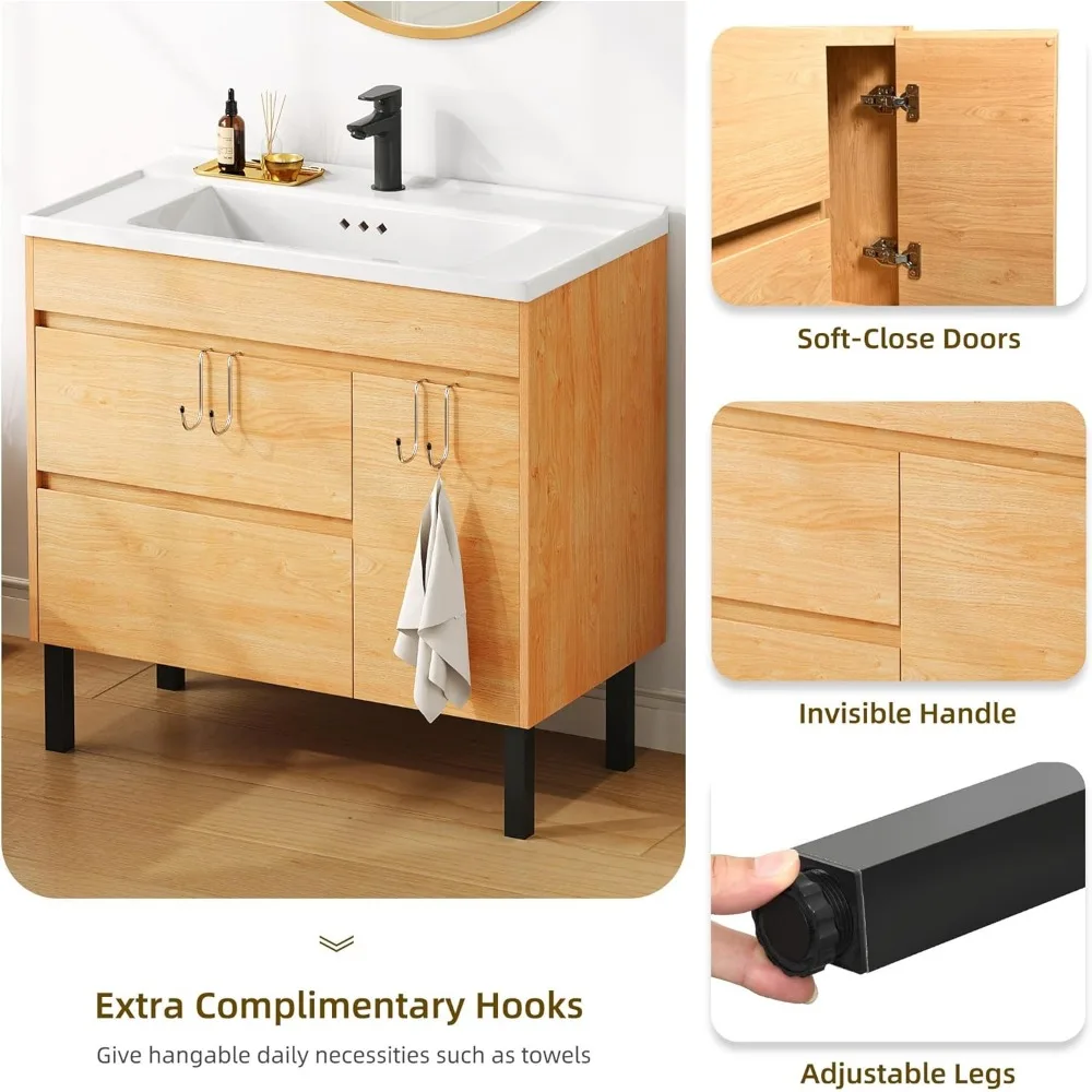 36 Inch Bathroom Vanity with Undermount Ceramic Sink, Natural Brown Bathroom Sink Cabinet, Modern Bathroom Storge Vanity 4