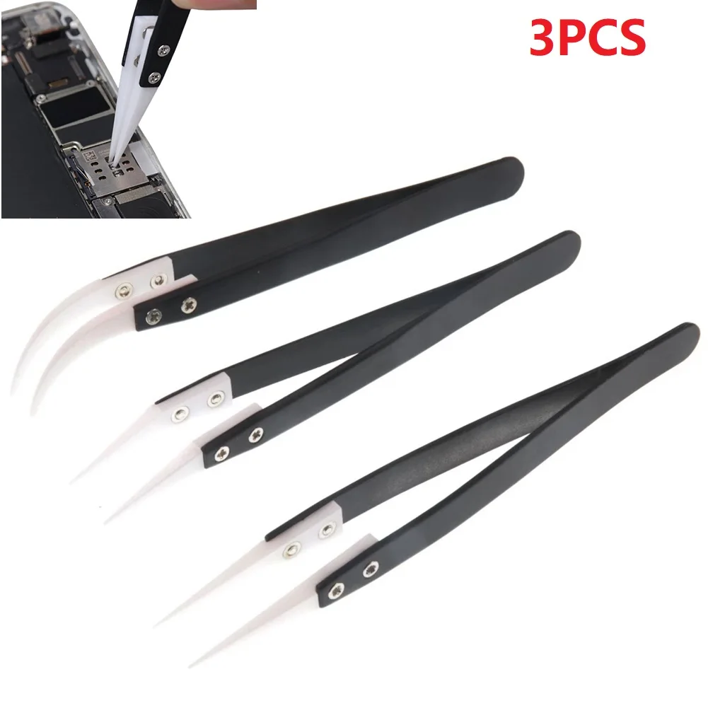 

3pcs Anti-Static Ceramic Tweezers Stainless Steel Industrial Ceramic Tweezers Insulated Straight/Curved Tip Black-Whit Tweezers