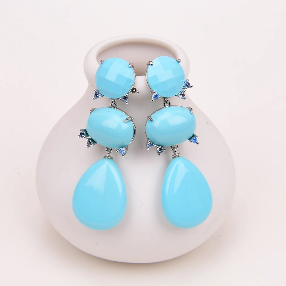 G-G Water Drop Blue Turquoise Dangle Cz Zircon Beads Party Studs Earrings Gold Plated Stone Earrings Gifts For Women