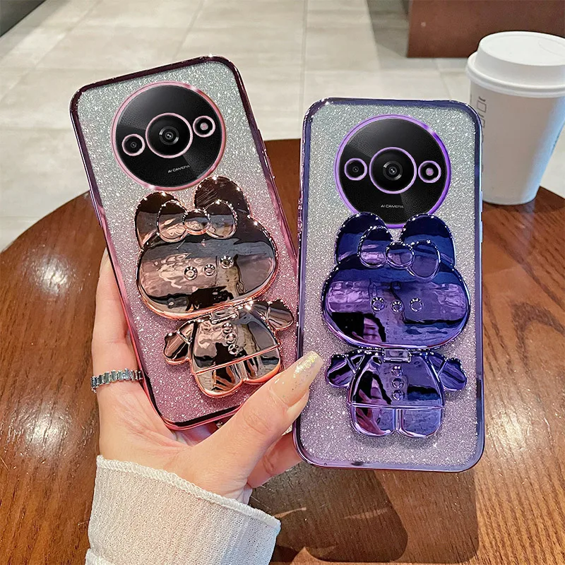 

For Redmi A3 Luxury Gradient Glitter Makeup Mirror Rabbit Folding Stand Soft Silicone Back Cover Xiaomi Redmi A3