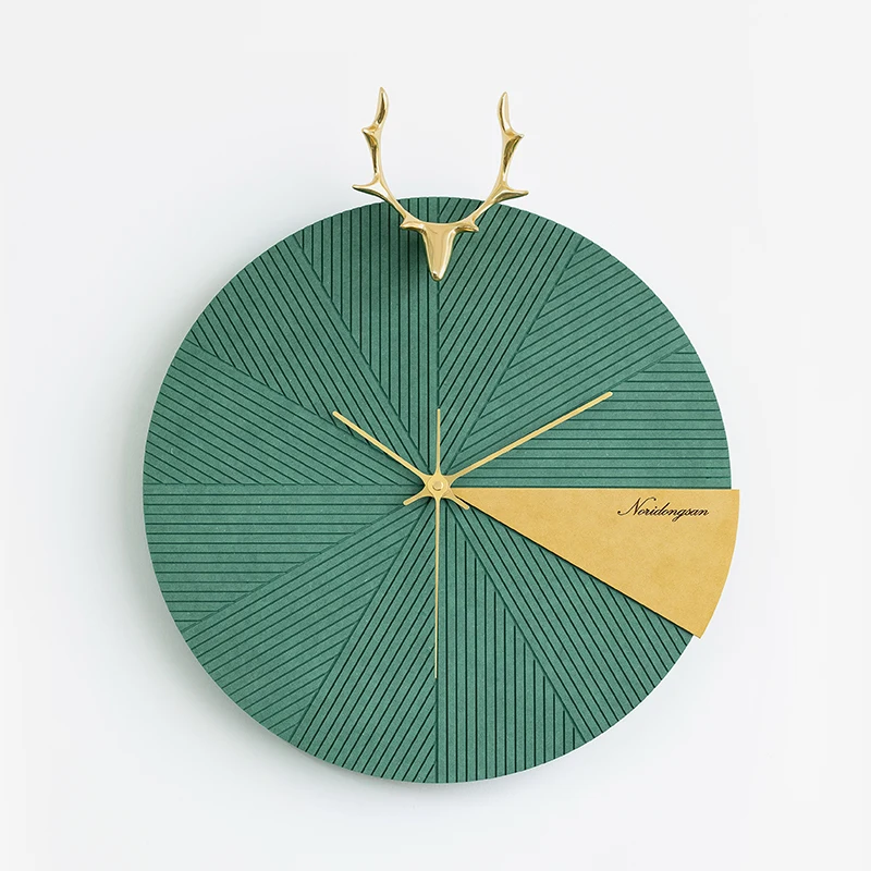 Deer Head Wall Clock Wood Large Gold Green (40X47CM)  