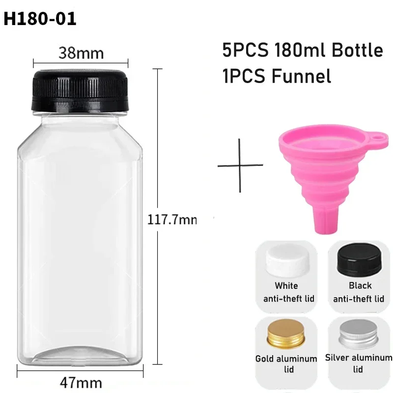 5-Pack Reusable Clear Plastic Bottles with Caps and Folding Funnel for DIY Juicing and Smoothies