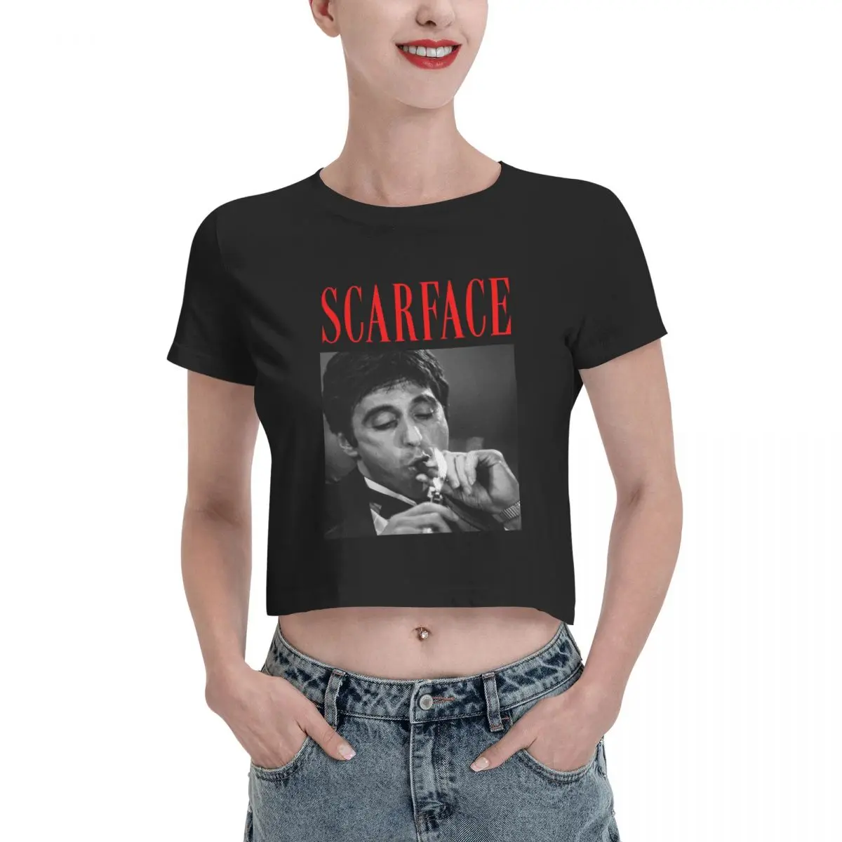 Movie Scarface Tony Montana Graphics Tshirt Cartoon Graphic Tees Female Crop Top,Leak navel T-shirt