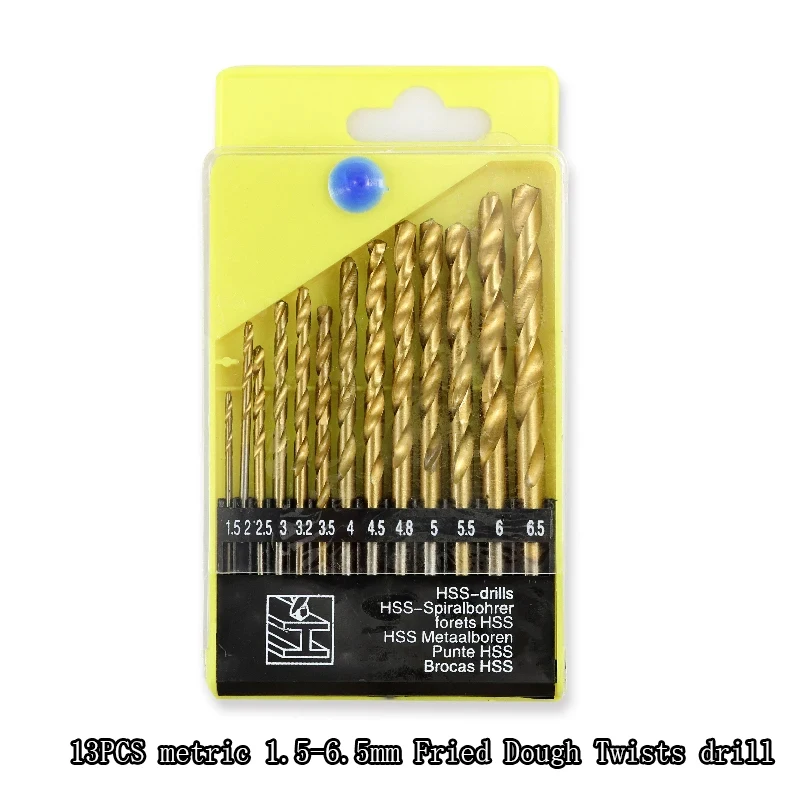13PCS metric 1.5-6.5MM Round handle Fried Dough Twists drill Set Titanium Coated High Speed Steel Woodworking Metal Drill Bit steel coated fixed shank drill tungsten alloy big shank drill 3 handle 3d fried dough twists drill 0 21 1 20 interval 0 01 tools