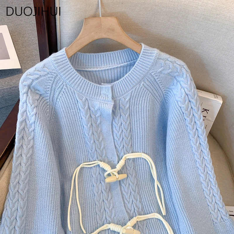 DUOJIHUI 여성용 단추 가디건, 베이직 O넥, 심플한 캐주얼 패션, 단색, 부드러운 니트, 블루