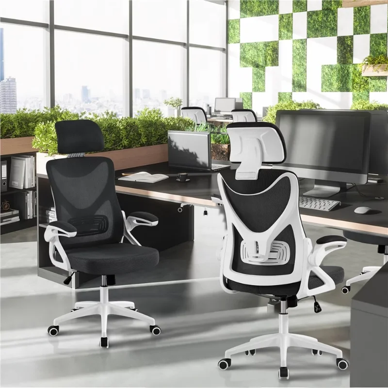 High Back Ergonomic Mesh Office Chair with Adjustable Padded Headrest, White/Black