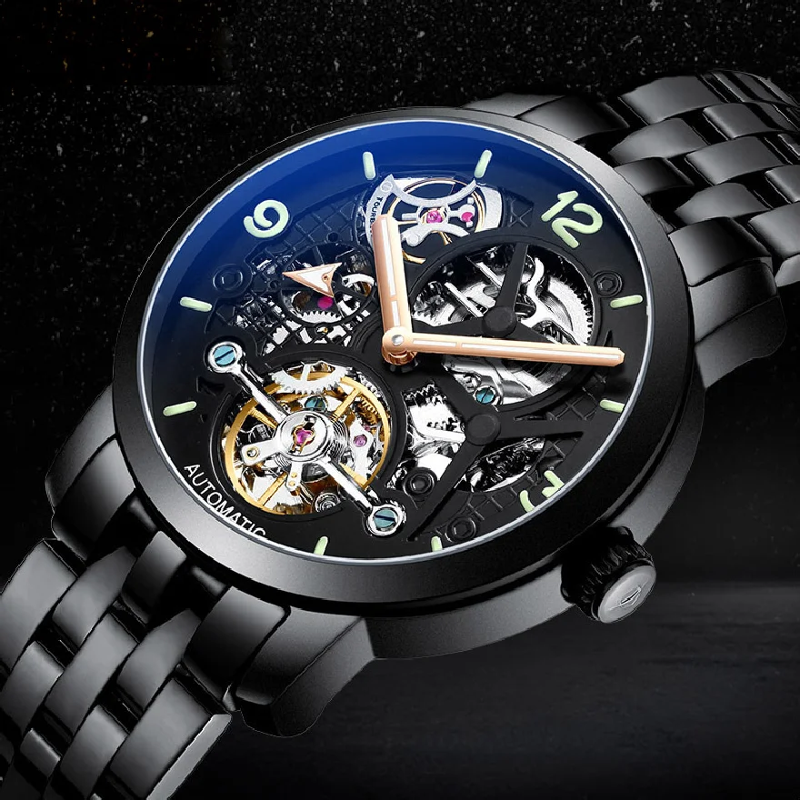 

AILANG 2022 Fashion Men Stainless Steel Black Tourbillon Hollow Mechanical Watch Luminous Waterproof Steampunk Automatic Watches
