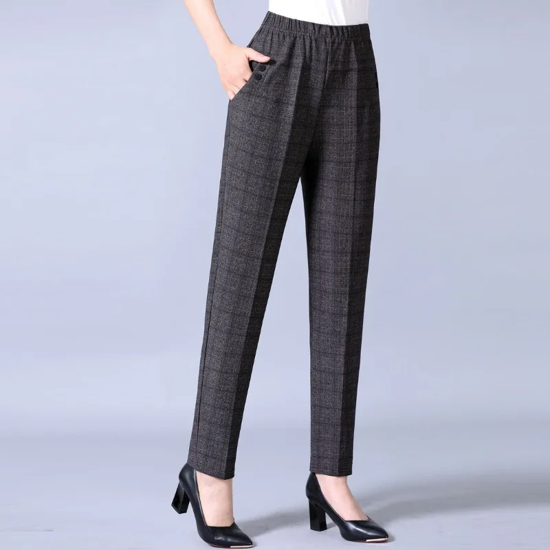 2023 Autumn and Winter Women's High Waist Elastic Button Pockets Striped Slim Fashion Casual Elegant Commuter Straight Leg Pants