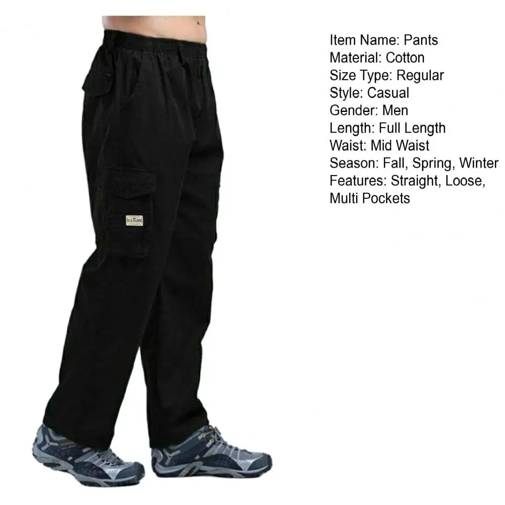 Description Picture 2 of itemSolid Color Pants Men's Wide Leg Casual Pants with Elastic Waist Multi Pockets Breathable Fabric for Comfortable Streetwear