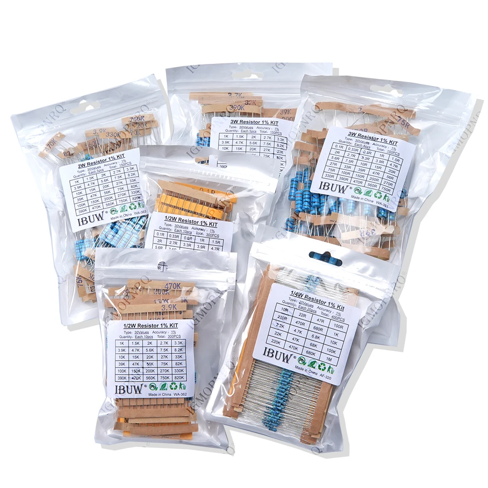 1/4W 1/2W 1W 2W 3W Resistance 1% Metal Film Resistor Assortment Kit Set 30Values Each 5/10PCS 1~750 1K~820K Ohm metal film resistor metal film resistors 150PCS 300PCS