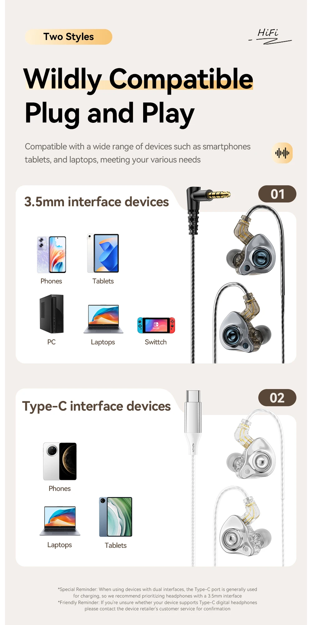 USB Type C 3.5mm Game Wired Earphones In Ear HiFi Headphones Bass Stereo Game Mu