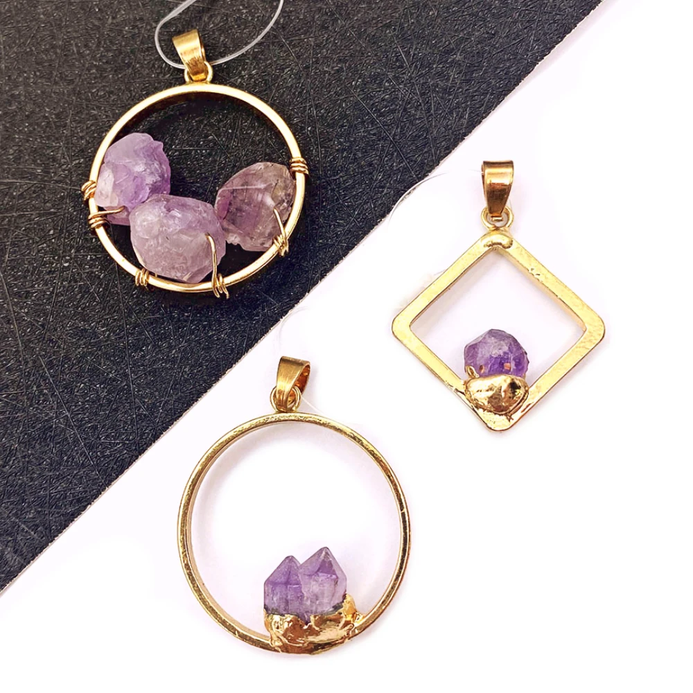 

Copper Frame Inlaid Natural Stone Amethyst Pendant 26-30mm Amethyst Pendant Charm Jewelry DIY Necklace Bracelet Accessories
