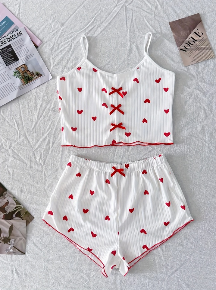 Women's Printed Summer Pajama Set V-Neck Bow Decor Sleeveless Camisole with Shorts Sexy Women Pajama