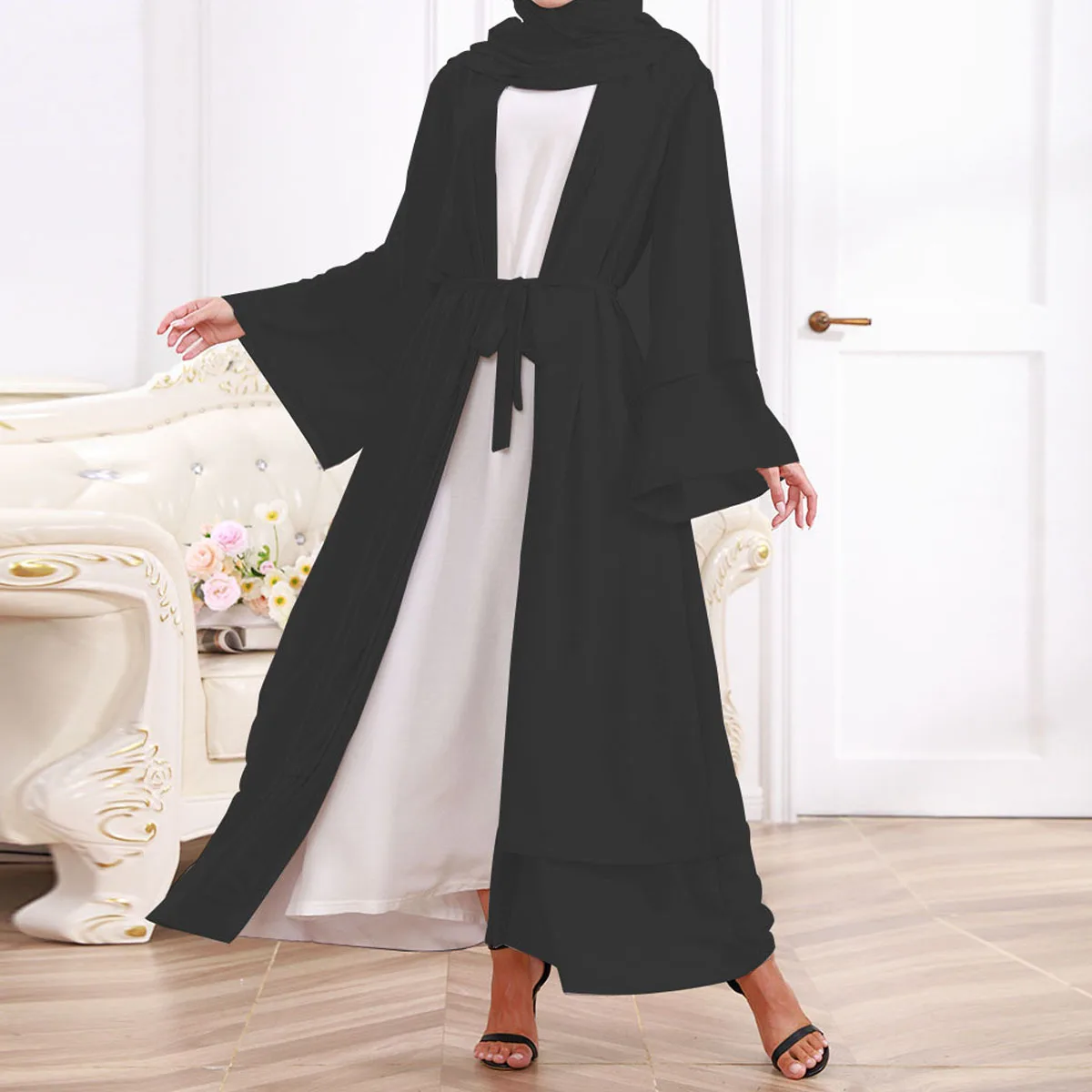 Ramadan Eid Chiffon Open Abaya Kimono Dubai Turkey Islam Kaftan Muslim Hijab Dress Belted Abayas for Women Robe Femme Musulman
