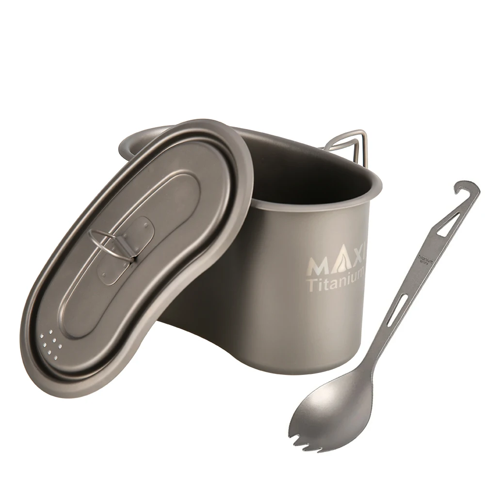 Titanium GI Cup and Titanium Spoon Combo, 950ml Lunch Box Camping Bowl with Foldable Handle Portable for Outdoor Camping Hiking 5