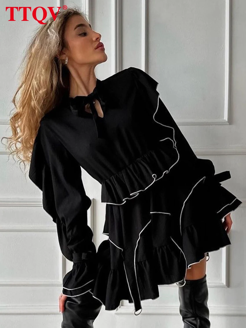 

TTQV Fashion Black Bow Collar Dresses For Women 2023 Elegant Long Sleeve Cascading Ruffle Female Lace-Up Mini Dresses Streetwear