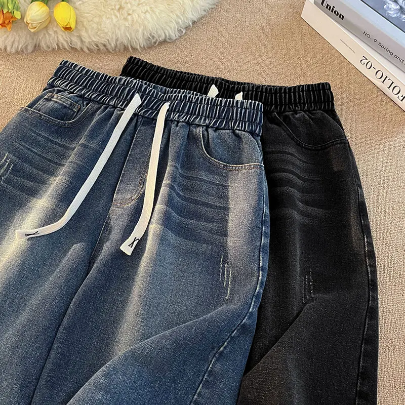Legible Summer Casual Denim Shorts Men Solid Loose Straight Elastic Waist Shorts for Man