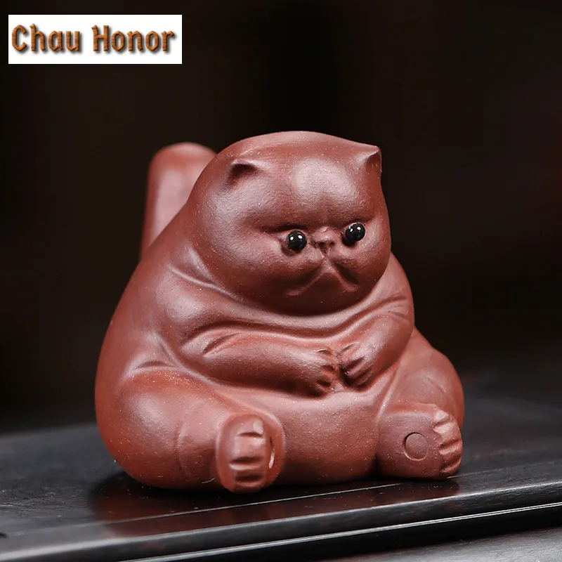 Yixing Purple Clay Tea Pet Lovely Fat Cat  Statue Ornaments Tea Figurine Desktop Crafts Chinese Raw Ore Zisha Tea Set Decoration