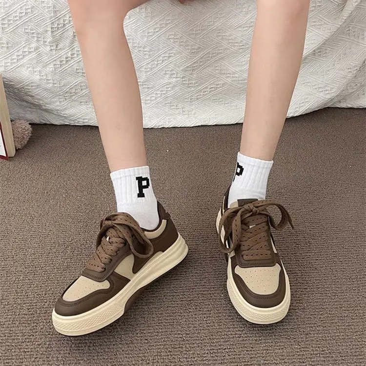 Board Shoes Women's Sneakers New Muffin Thick Bottom Khaki