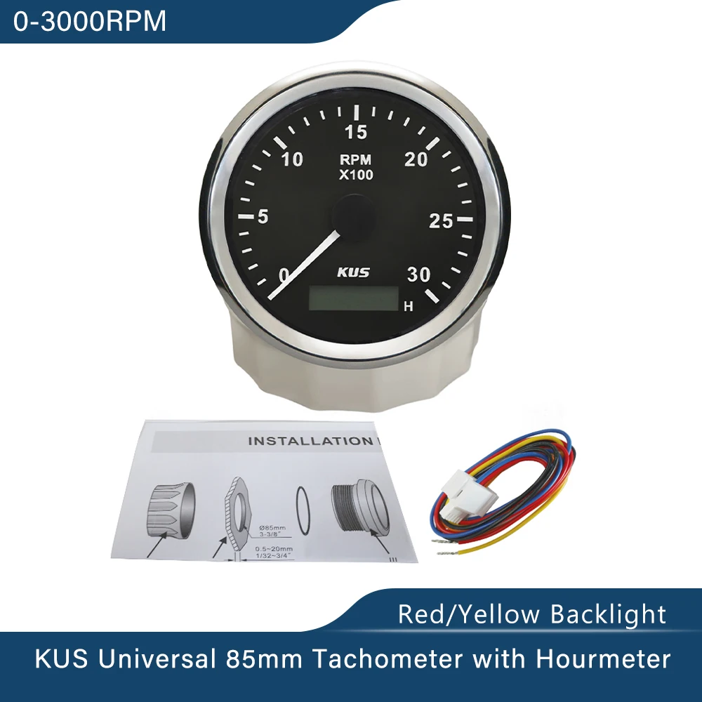 KUS 85mm Tachometer RPM Gauge with Hour Meter 0-3000 RPM 0-4000 RPM 0-6000 RPM 0-8000 RPM 12V/24V with Backlight for Car Boat