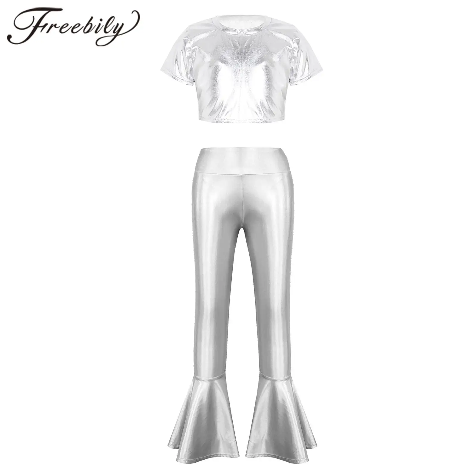 

Kids Girls Jazz Dance Costumes Metallic Short Sleeve Crop Top + Flared Pants Children's Hiphop Clothes Performance Dancewear