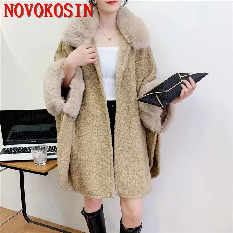 6 Colors Women New Fashion Grey Black Capes Granular Velvet Fur Sleeves Cloak Winter Thick Long Poncho Coat With Faux Fur Collar