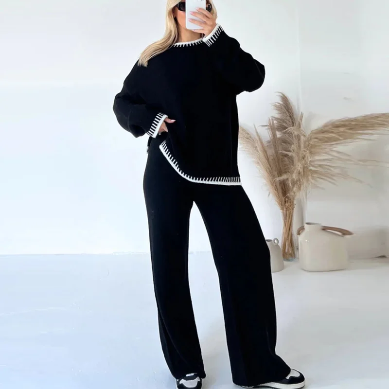 

New 2023 Fall Chic Elegant Office Lady Outfits O-Neck Long Sleeve Pullover Straight Pant Sets Women 2-piece Patchwork Pants Suit